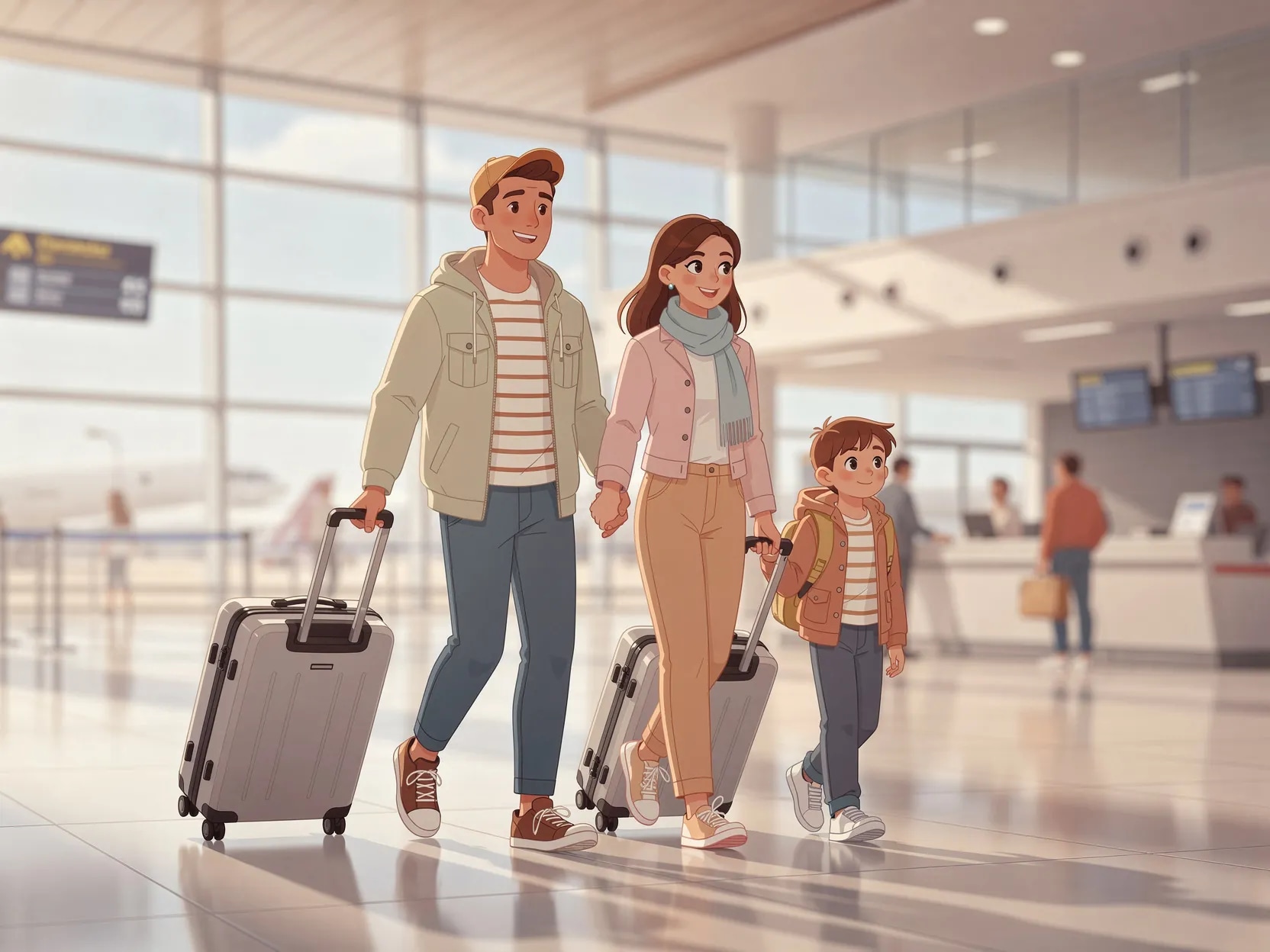Famille française partant en voyage avec sérénité à l'aéroport