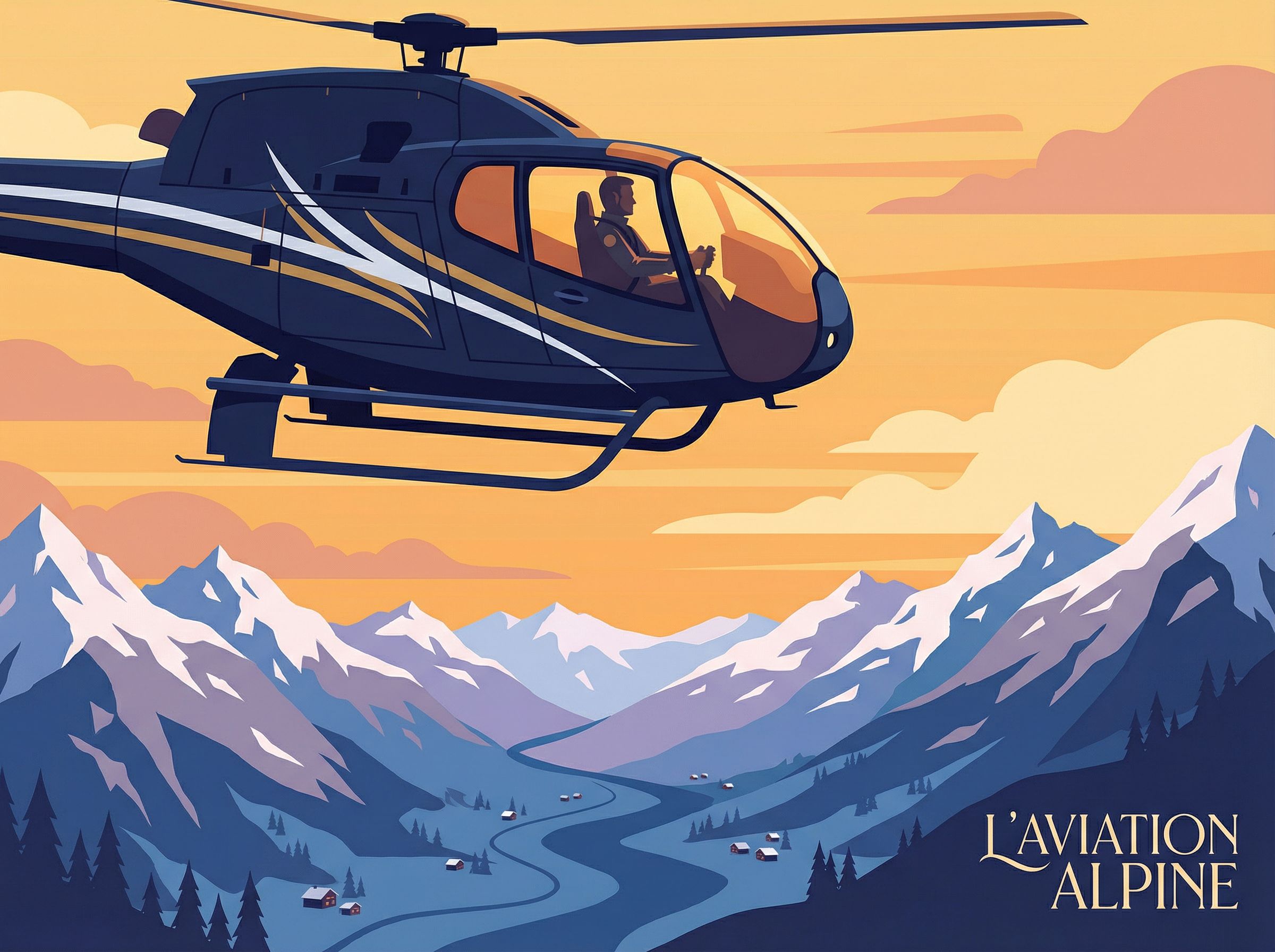 Hélicoptère privé survolant un paysage montagneux français avec ciel dégagé