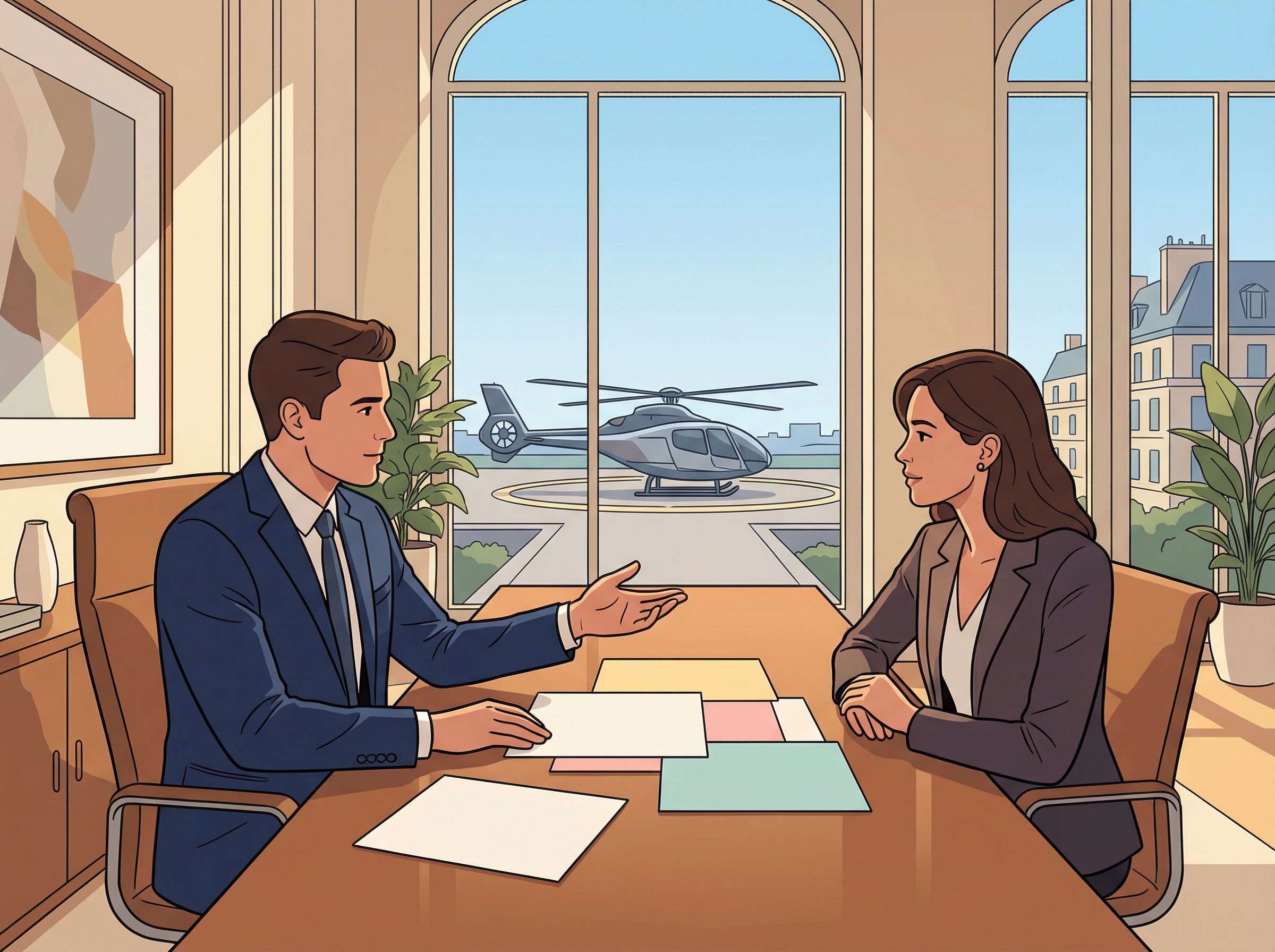 Conseiller en assurance aviation présentant des options de couverture à un propriétaire d'hélicoptère