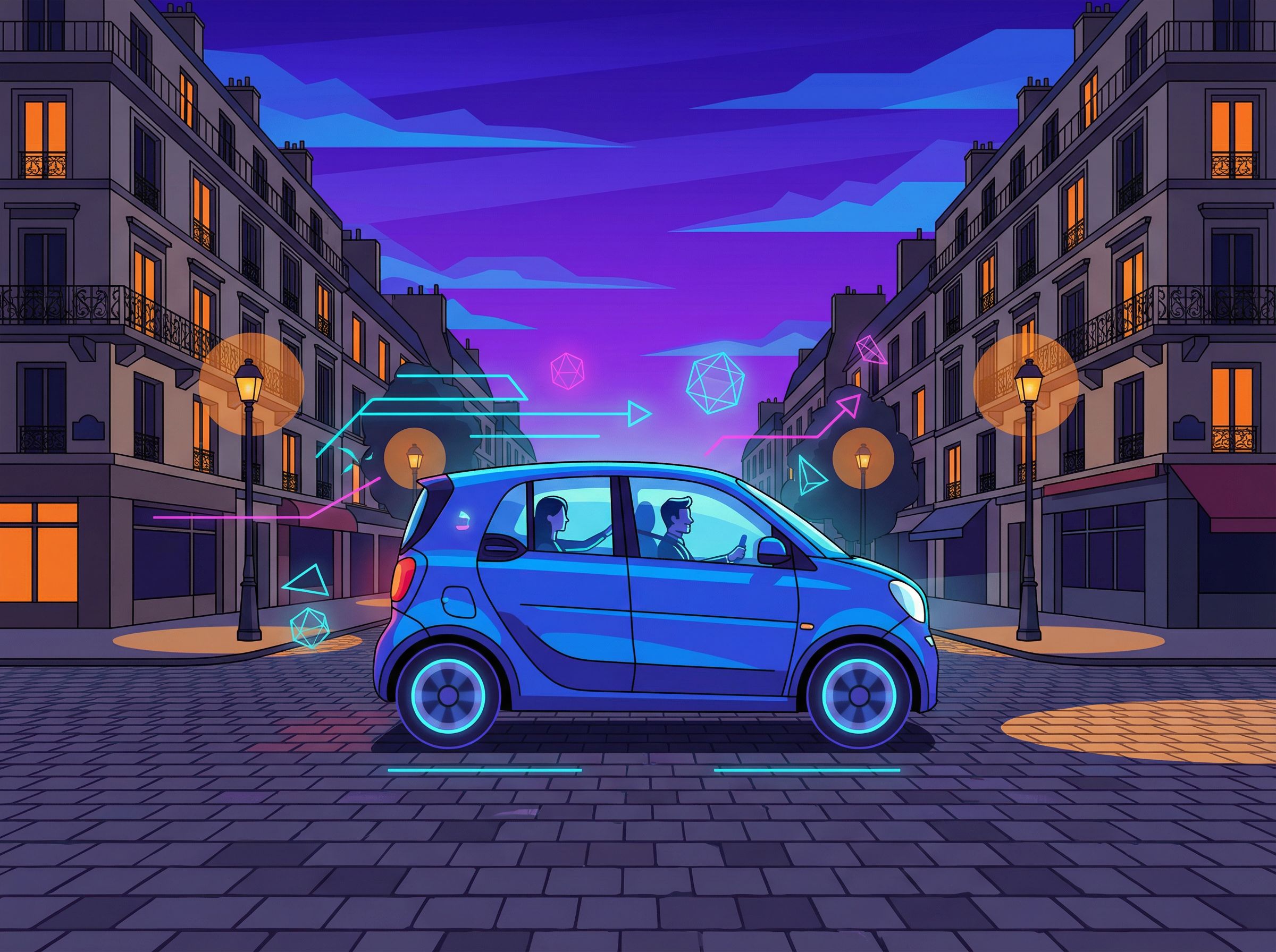 Voiture connectée circulant dans une ville française intelligente