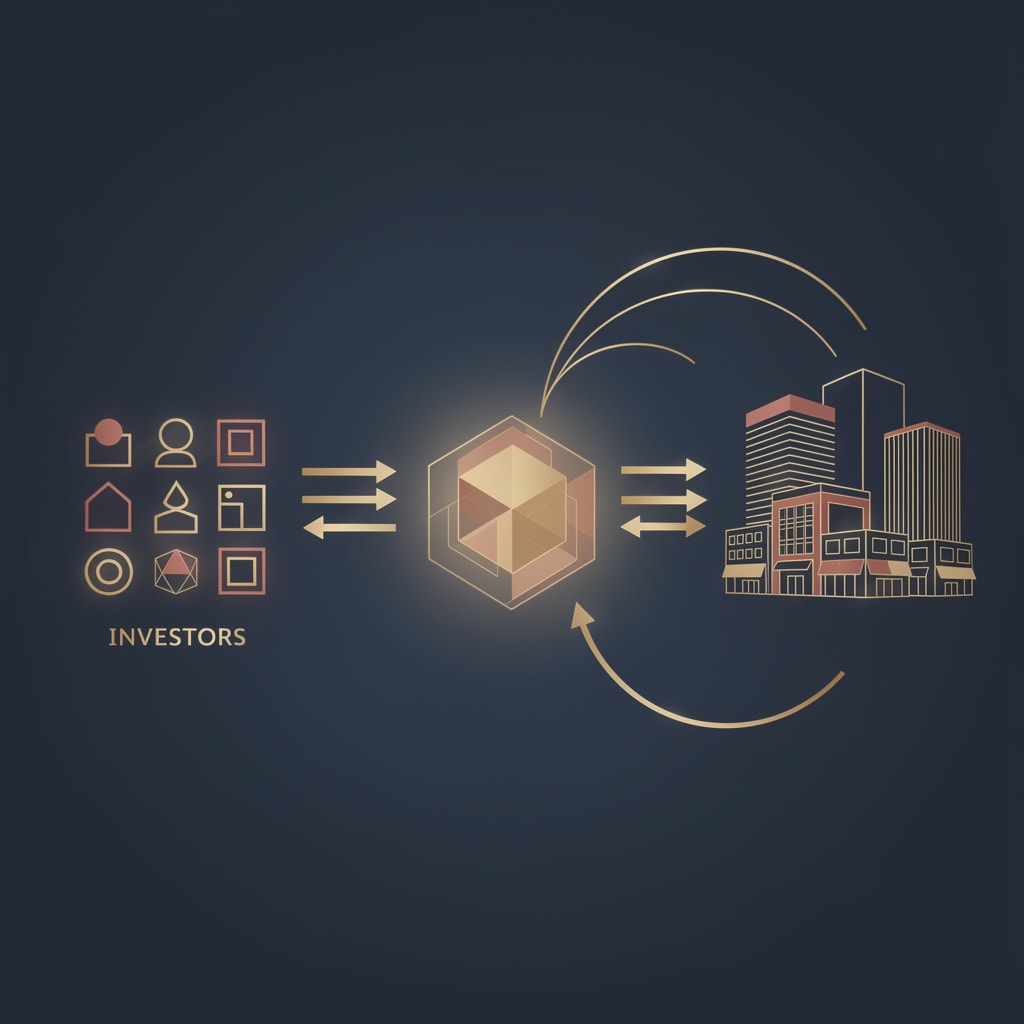 Schema du fonctionnement d'une SCPI montrant les flux entre investisseurs, societe de gestion et patrimoine immobilier