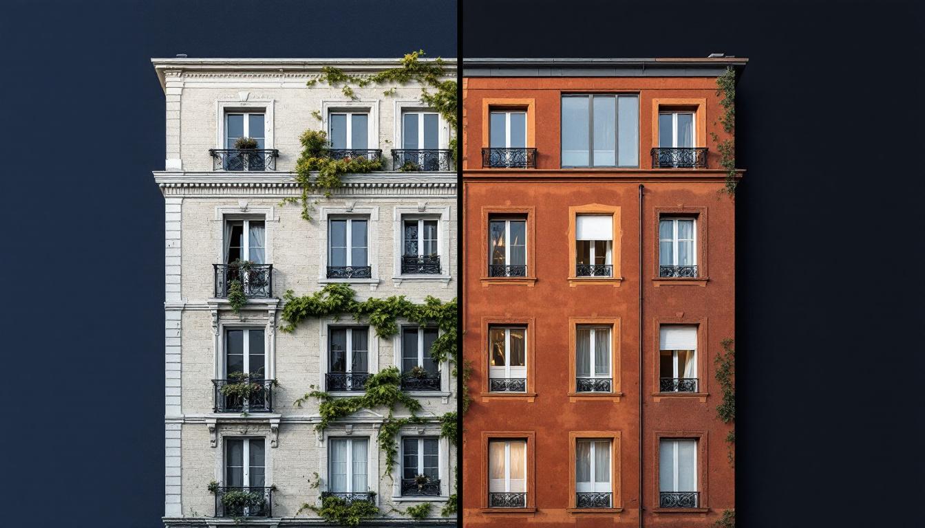 Avant-apres d'un immeuble francais : facade degradee a gauche et batiment renove aux normes energetiques a droite