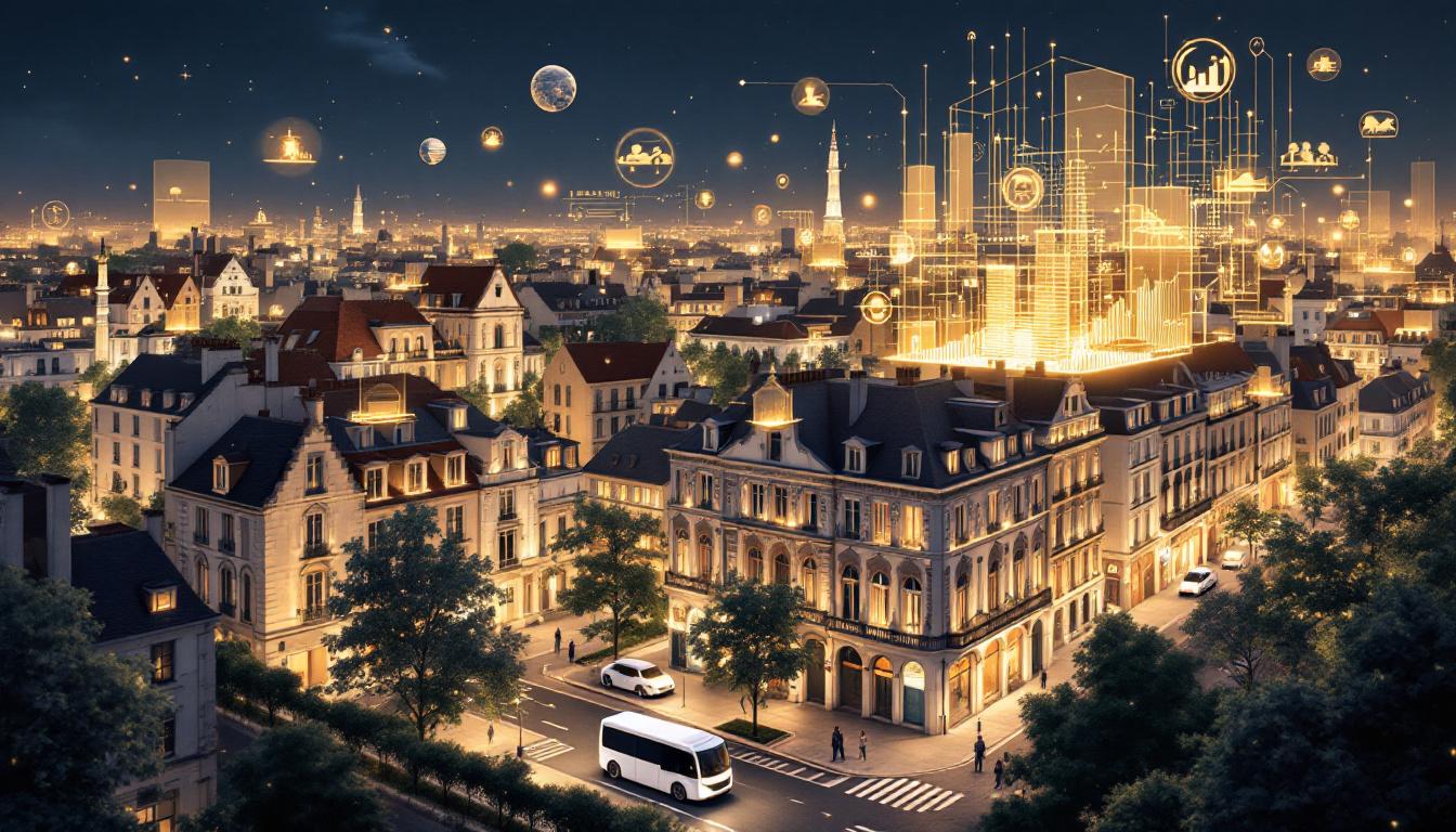 Illustration conceptuelle d'un quartier intelligent integrant technologies PropTech et architecture francaise traditionnelle