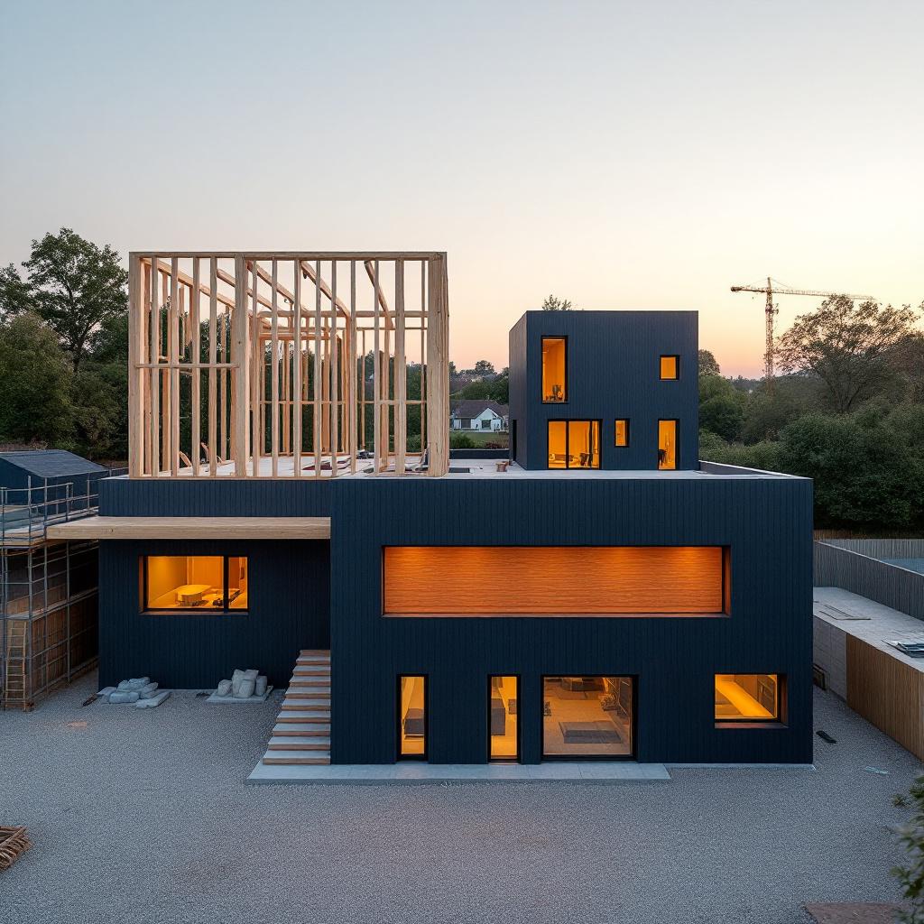 Vue aérienne d'un chantier de construction innovant intégrant BIM et matériaux biosourcés en France