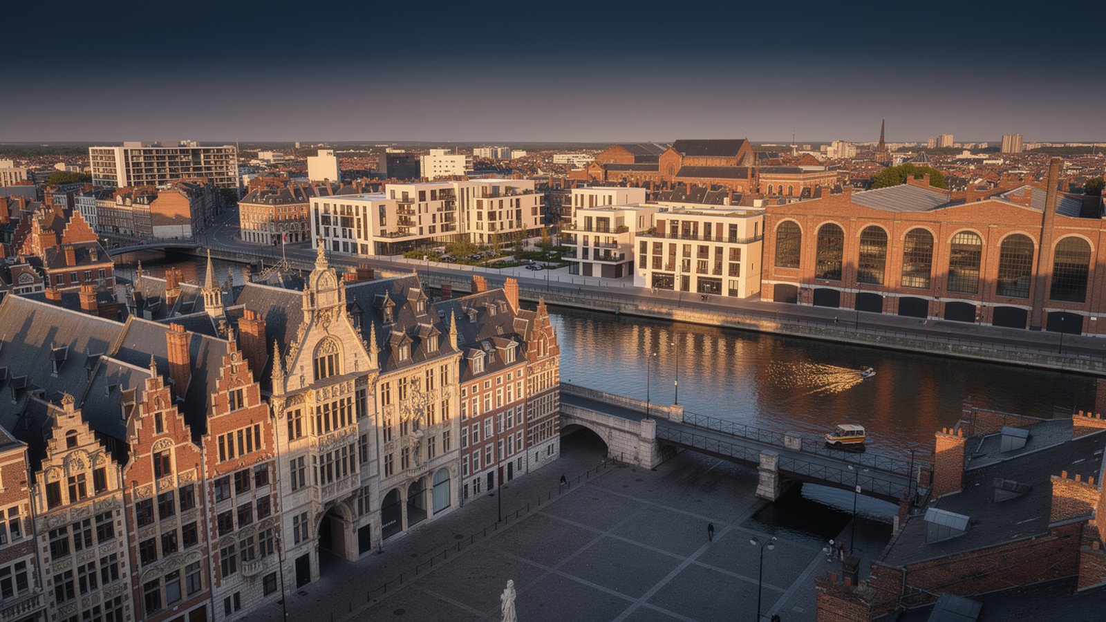 Vue aérienne de la Grand-Place de Lille et du quartier Saint-Sauveur en transformation urbaine