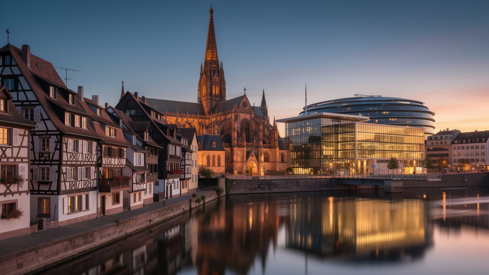 Cathédrale de Strasbourg et quartier historique de la Petite France avec le marché immobilier européen en arrière-plan