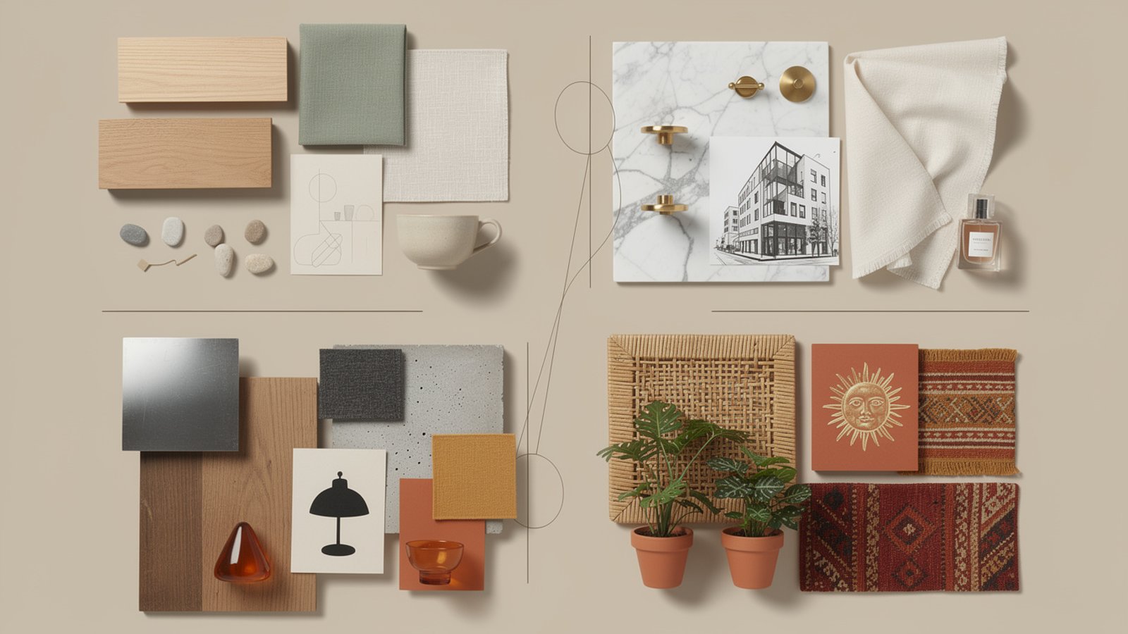 Planche d'ambiance comparant quatre styles decoratifs : japandi, classique moderne, industriel et boheme