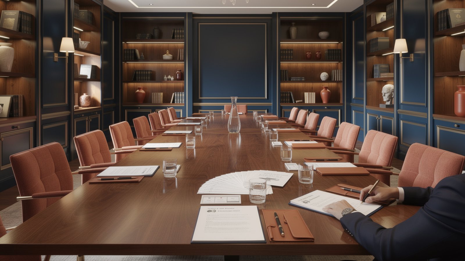 Assemblée générale de copropriété : copropriétaires réunis autour d'une grande table de conférence, documents de vote devant eux, ambiance professionnelle et sereine