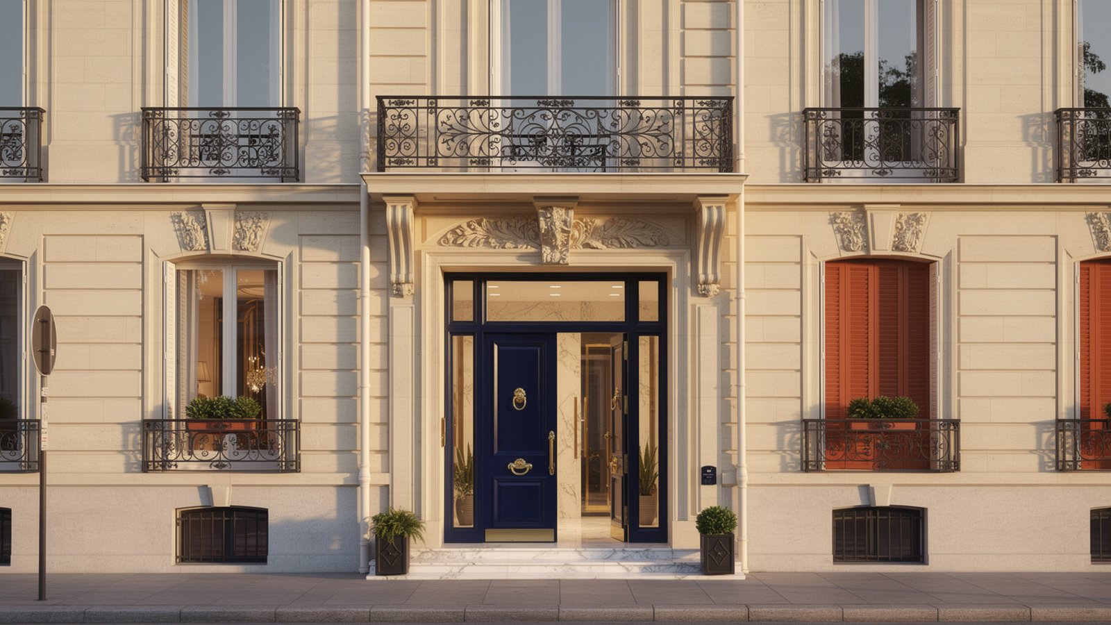 Façade d'un immeuble en copropriété haussmannien à Paris avec balcons en fer forgé, parties communes soignées et entrée rénovée