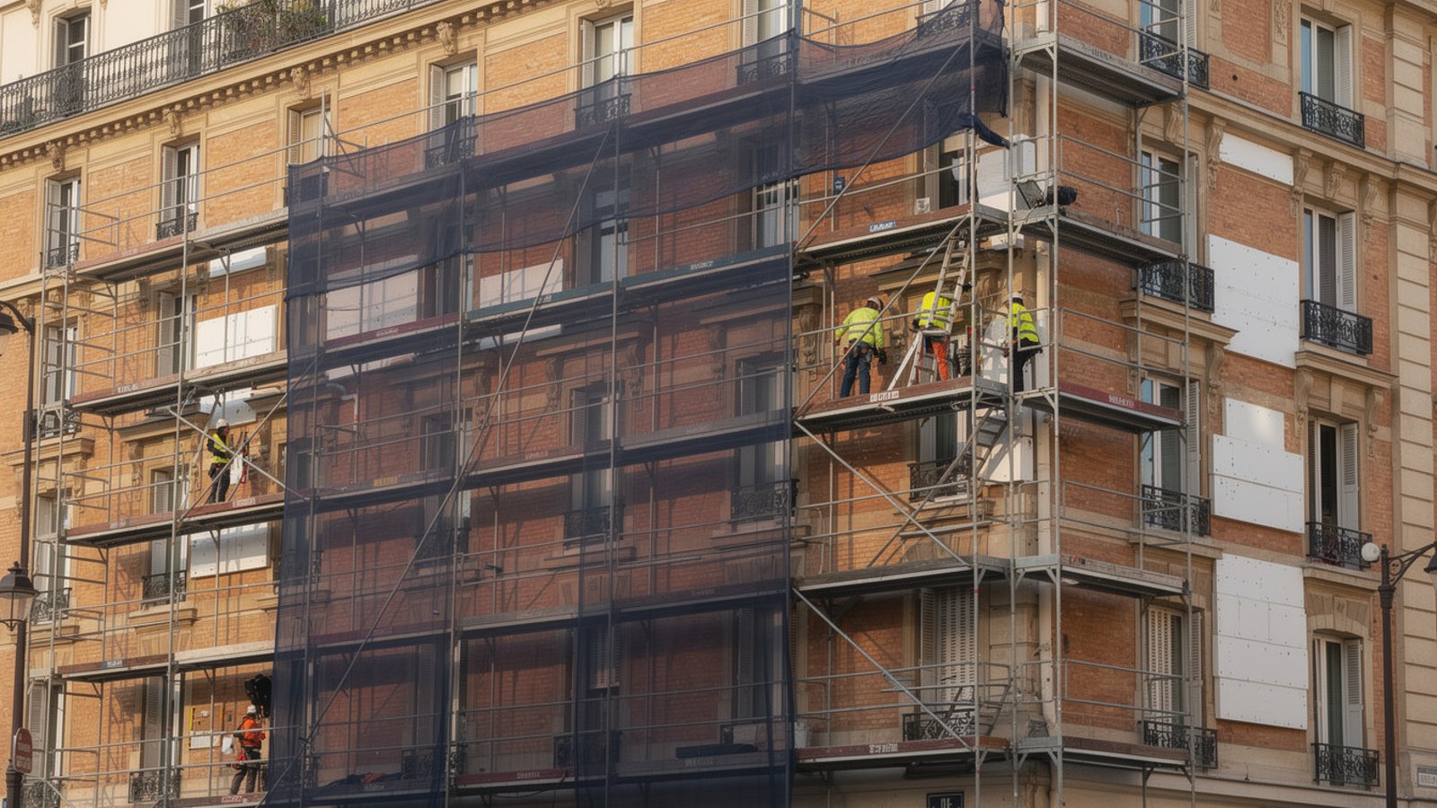 Façade d'immeuble en copropriété en cours de rénovation énergétique : échafaudage, isolation thermique par l'extérieur, chantier propre et organisé