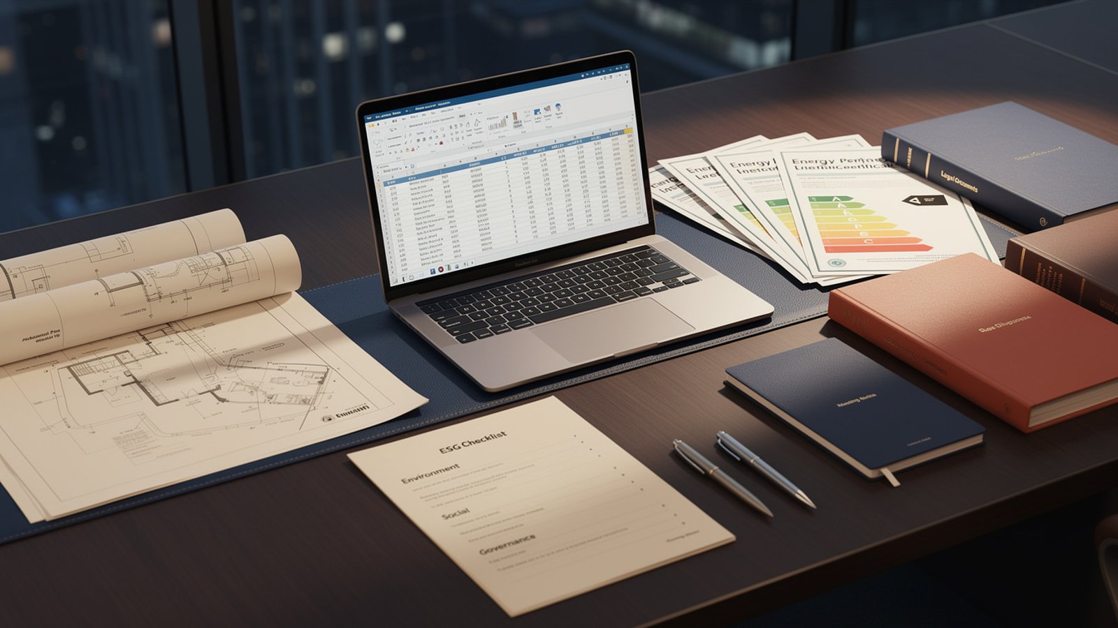 Processus de due diligence immobilière institutionnelle avec équipe d'analystes et documentation financière