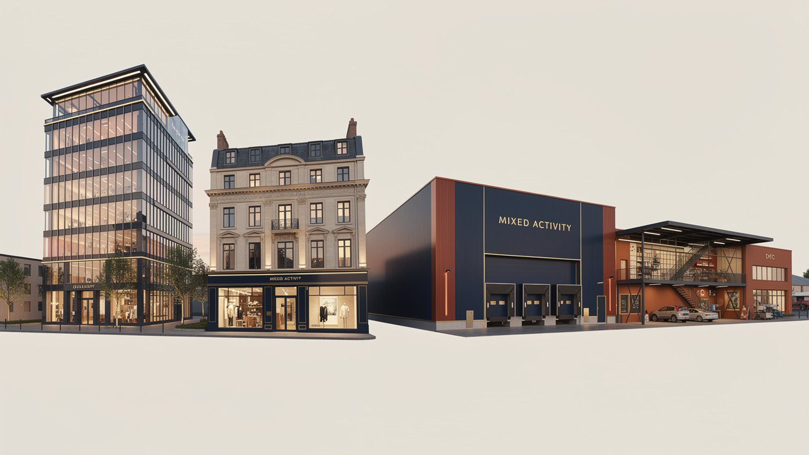 Schema des differents types d'actifs de l'immobilier d'entreprise : bureaux, commerces, entrepots et locaux d'activite