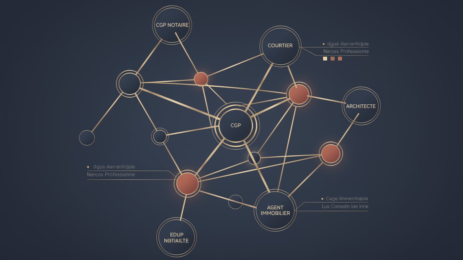 Schéma du réseau de prescripteurs immobiliers en France : CGP, courtiers, notaires, agents et mandataires