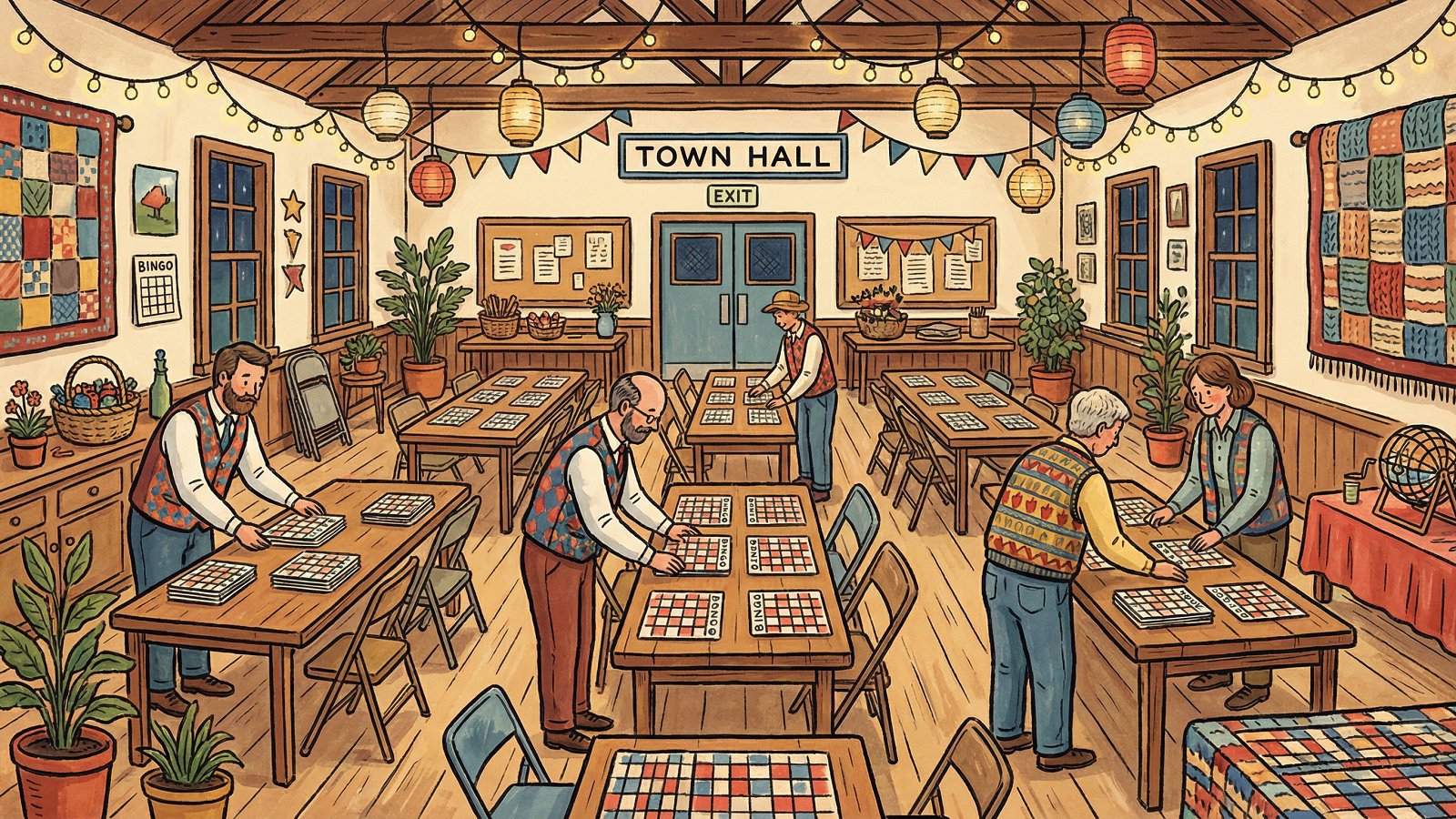 Bénévoles préparant un événement associatif dans une salle des fêtes avec lanternes et décoration