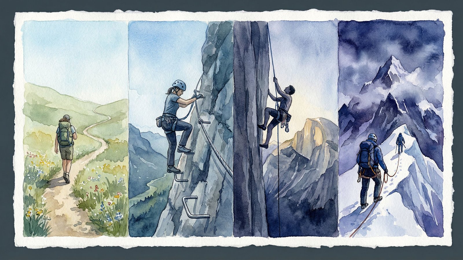 Quatre niveaux de sports de montagne illustrés à l aquarelle