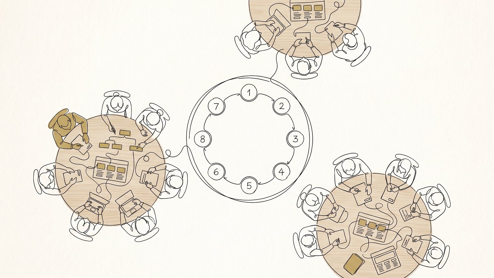 Venture studio team huddled around cap-table diagrams in an open-plan workspace