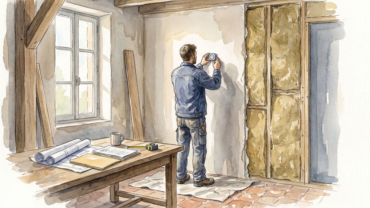 Artisan posant un thermostat lors d'une rénovation énergétique avec dossier d'aides ouvert sur la table