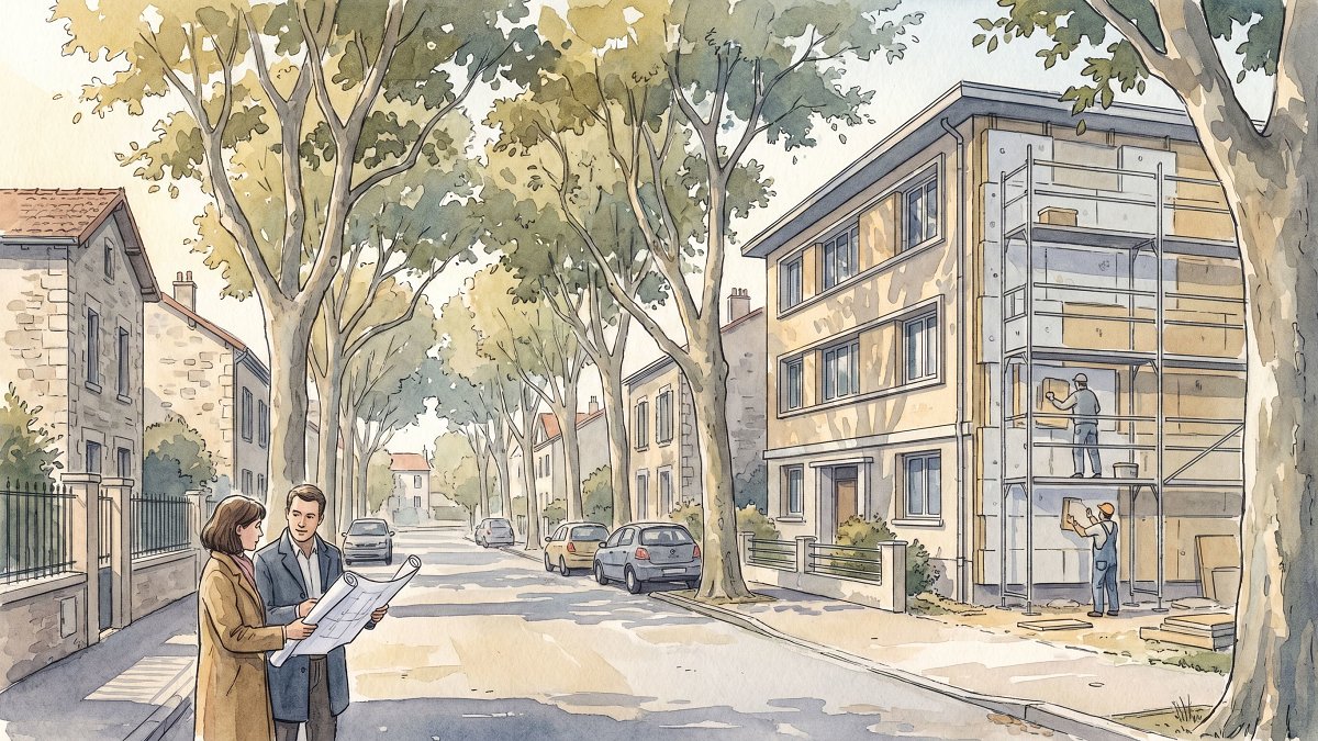 Petite copropriété française en cours de rénovation collective, échafaudage et isolation extérieure