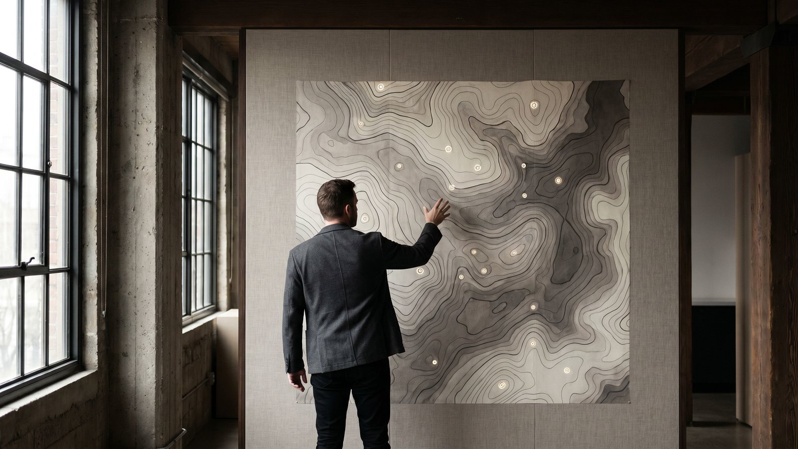 Operator studying a wall-sized topographic map of a software delivery territory, neutral palette