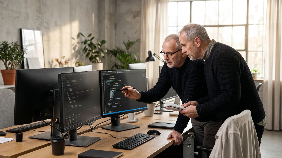 Two senior engineers reviewing code on adjacent monitors at a quiet studio workstation
