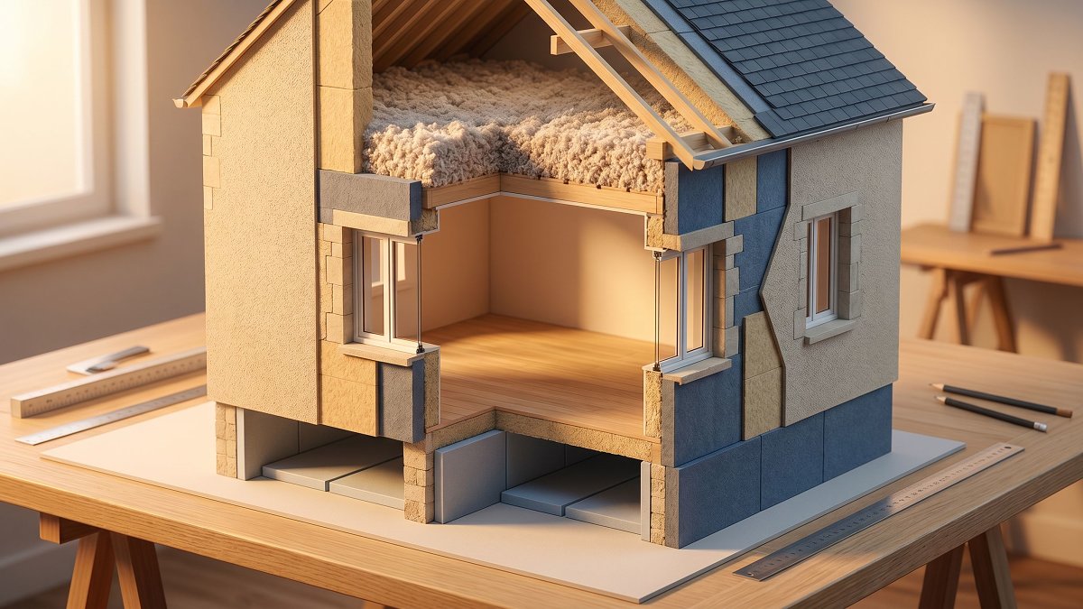 Coupe schématique d'une maison française illustrant les huit zones d'isolation thermique