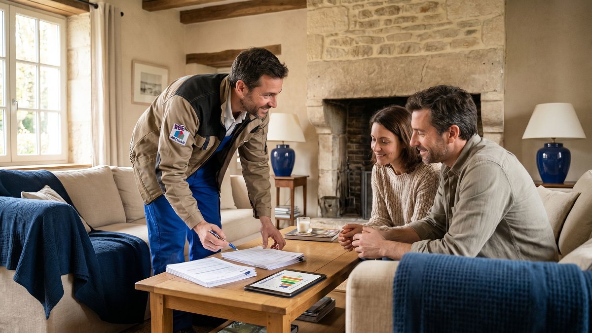 Artisan RGE Vertena examinant un dossier de rénovation énergétique avec un couple de propriétaires