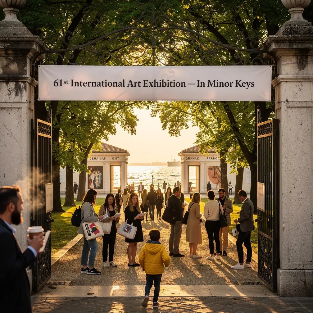 A sweeping, golden-hour editorial photograph in 16:9 format — the Giardini della Biennale in Venice on a warm May morning, the lagoon glittering beyond the trees. The main gate to the Giardini stands open, the familiar green canopy of mature trees framing the pavilion path. A small but purposeful crowd is gathering at the entrance — the first visitors of opening day, a diverse mix of collectors, students, locals, tourists. Some carry catalogues. One holds a coffee. A child in a bright yellow jacket runs ahead. The path leads toward the national pavilions: glimpses of the German, British, and French buildings visible through the foliage, each one holding something significant behind its facade. On the gate: a simple banner in clean typography — "61st International Art Exhibition — In Minor Keys". The morning light is warm and clear, the kind of Mediterranean May light that makes everything look important. The mood: quiet anticipation, the particular feeling of a public opening — the moment when a great exhibition stops belonging to the art world and begins belonging to everyone. Shot on Hasselblad, 35mm lens, ultra-realistic, 8K resolution, golden morning light, editorial photography aesthetic, 16:9 format.
