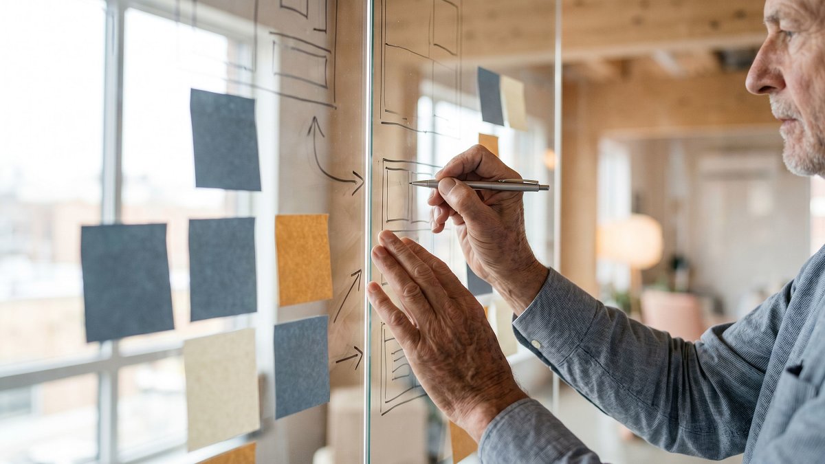 Senior engineer sketching a system architecture diagram on a glass wall in a modern engineering studio