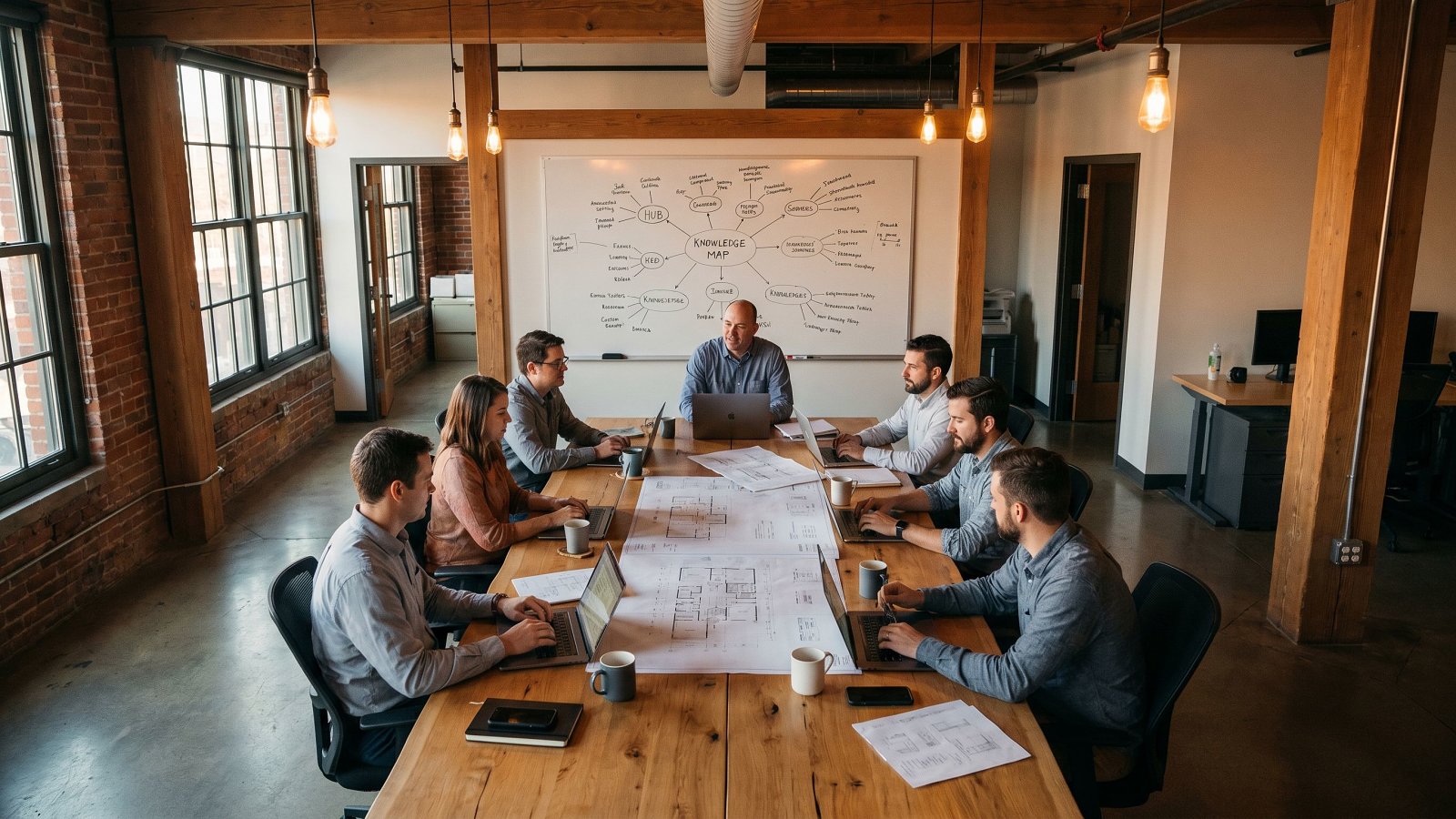 Aerial view of an engineering studio with a fractional technical leader walking the team through an architecture map at golden hour