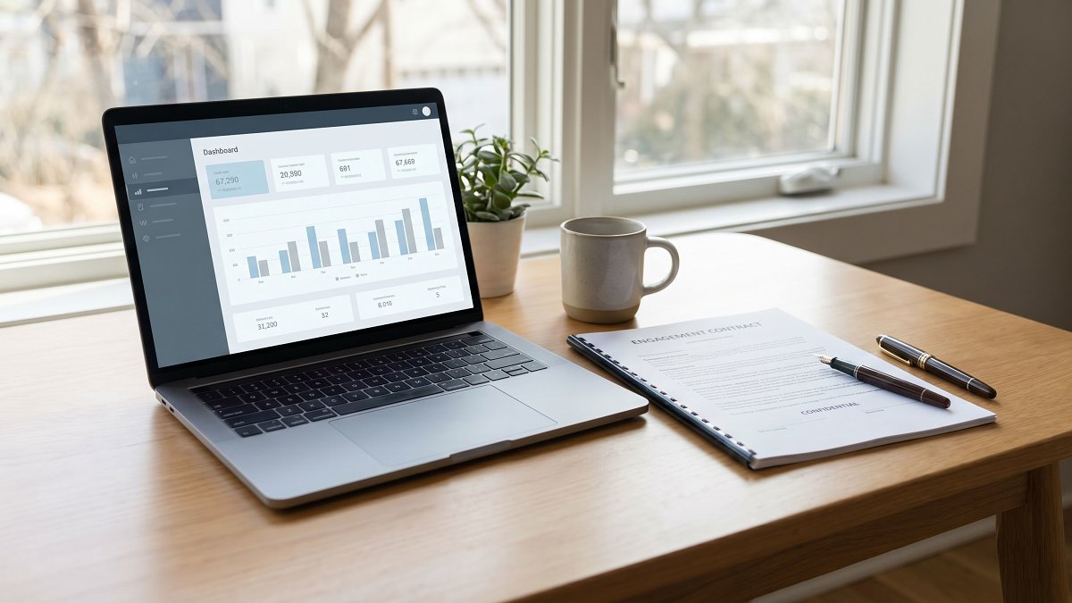 Open laptop showing a fractional CTO retainer dashboard next to a printed engagement contract