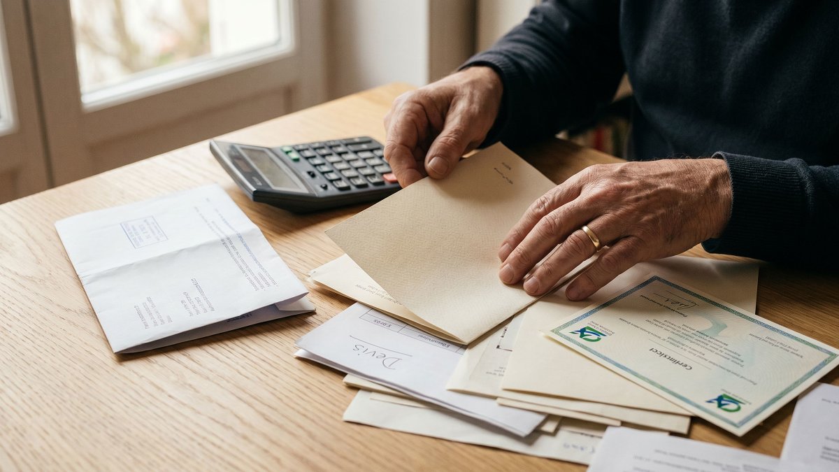Pièces justificatives MaPrimeRénov, devis RGE Qualibat et avis fiscal préparés sur un bureau pour un dossier de chauffage rénovation énergétique