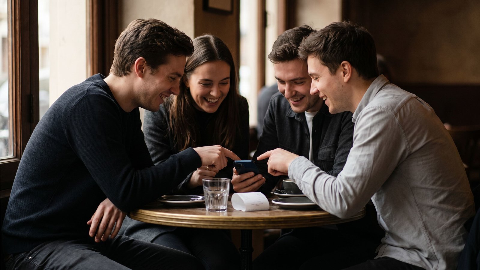 Four friends settling a dinner check together at a small bistro table