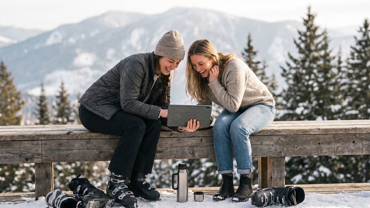 Two friends reviewing a week of shared trip expenses on a sunny ski-house porch