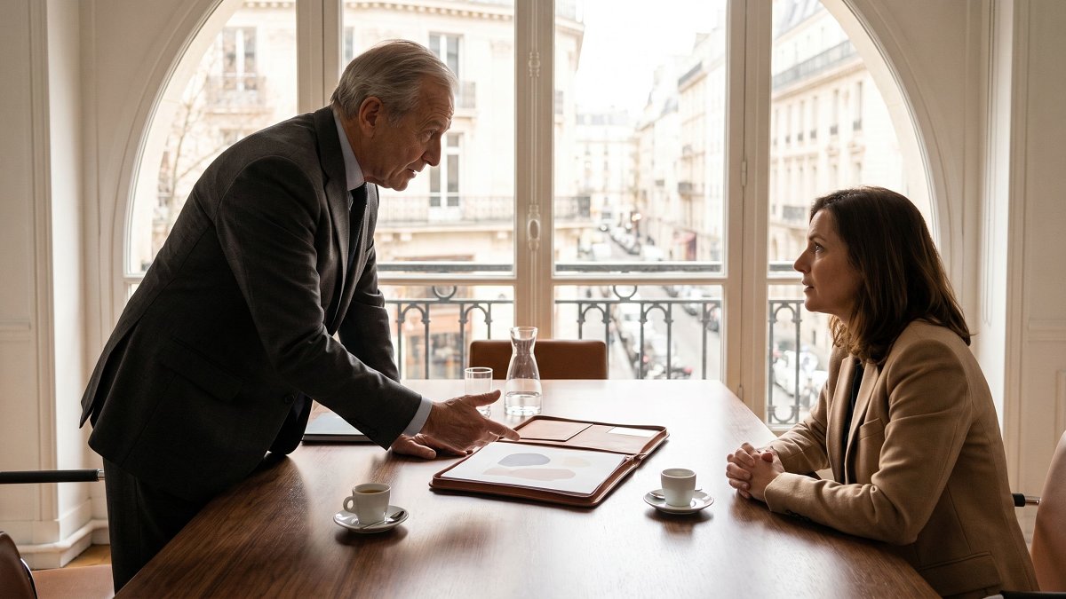 Conseiller patrimonial recevant un client autour d'un dossier d'allocation