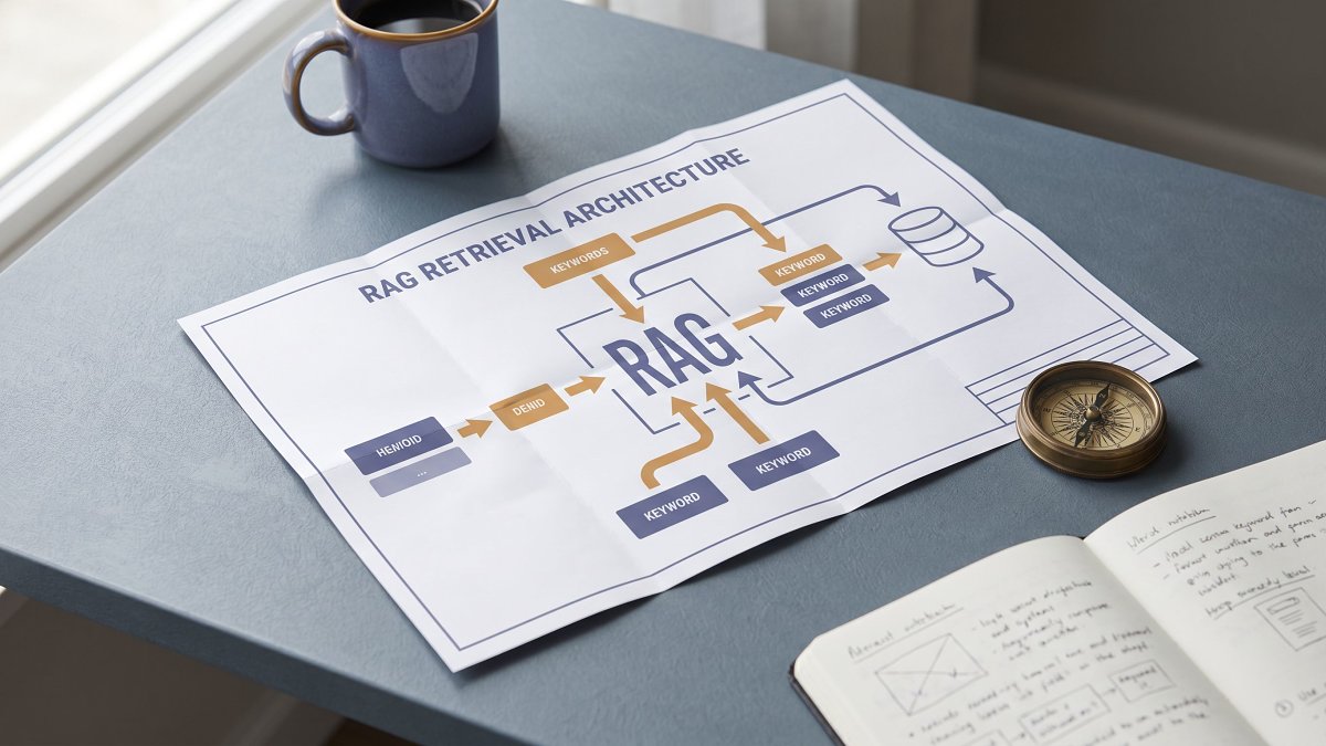 Editorial flat-lay of a hybrid retrieval-augmented generation blueprint on slate paper, with brass compass and handwritten notes