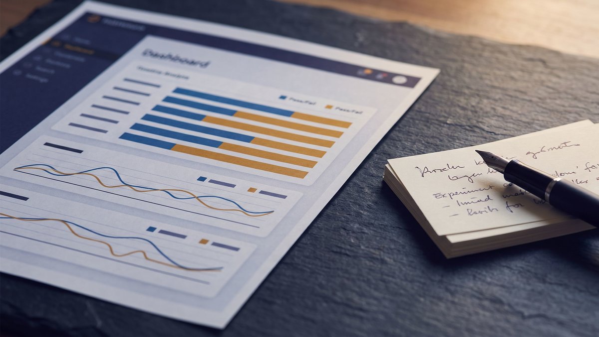 Close-up of an LLM evaluation dashboard mockup with pass-fail bars and trace timelines next to a fountain pen and handwritten claim notes