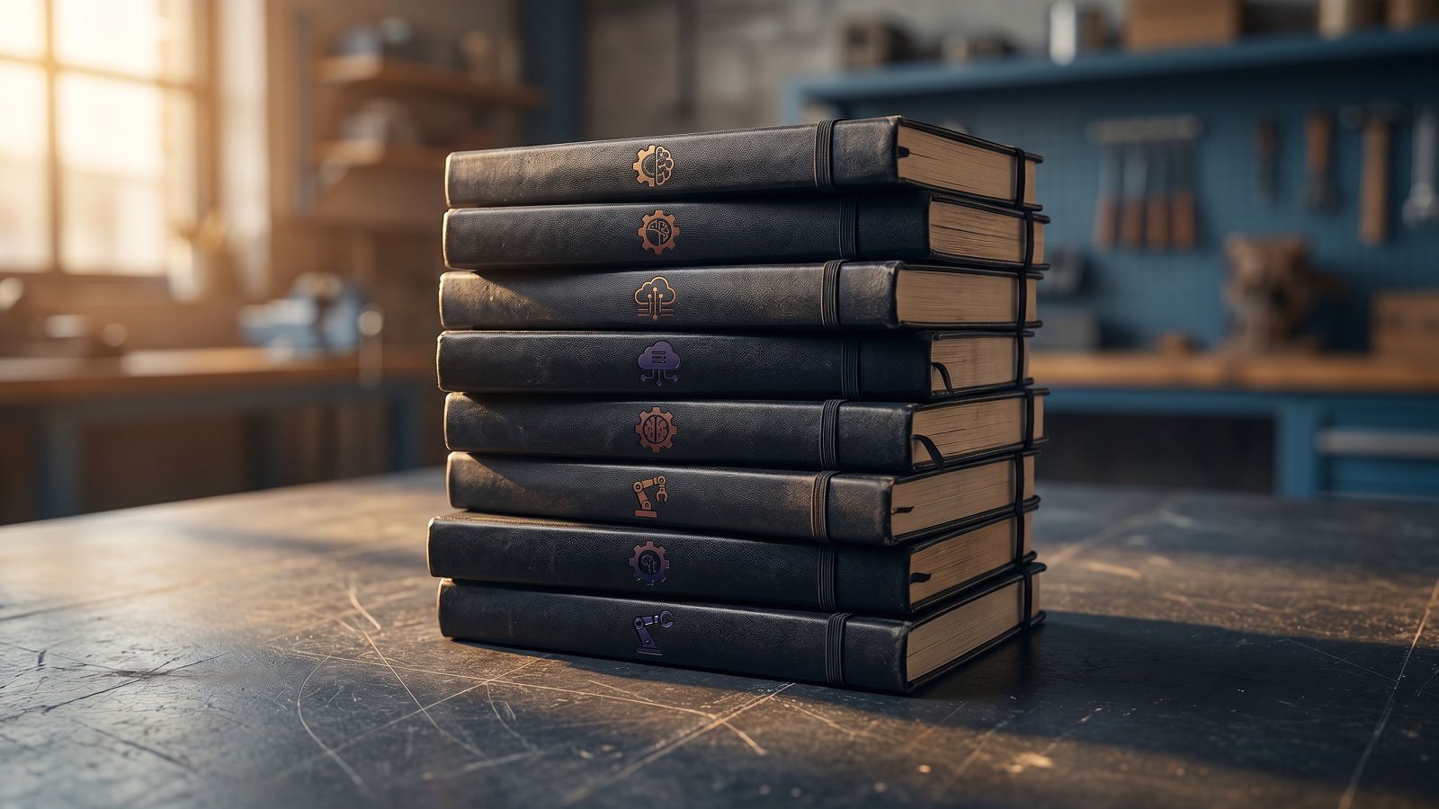 Editorial photograph of an eight-volume stack of engineering notebooks symbolising the production AI engineering hubs