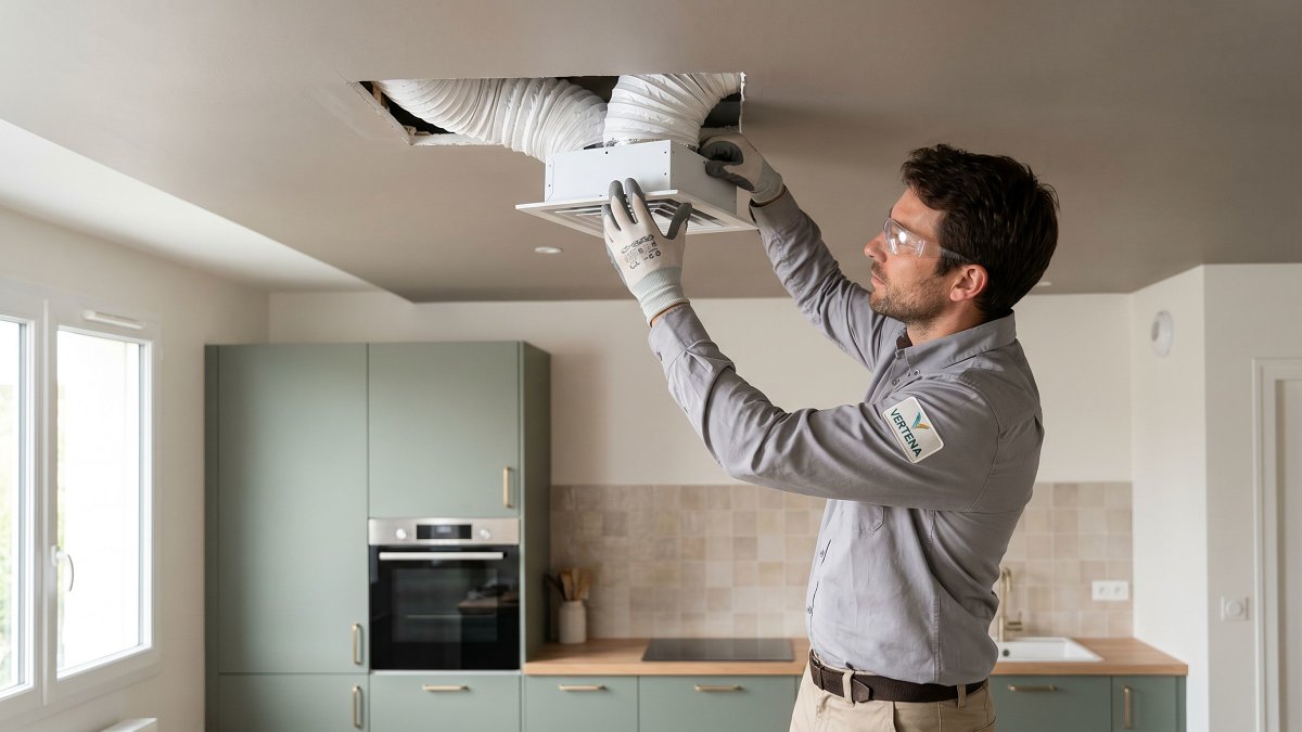 Artisan Vertena installant une bouche d'extraction de VMC au plafond d'une cuisine rénovée