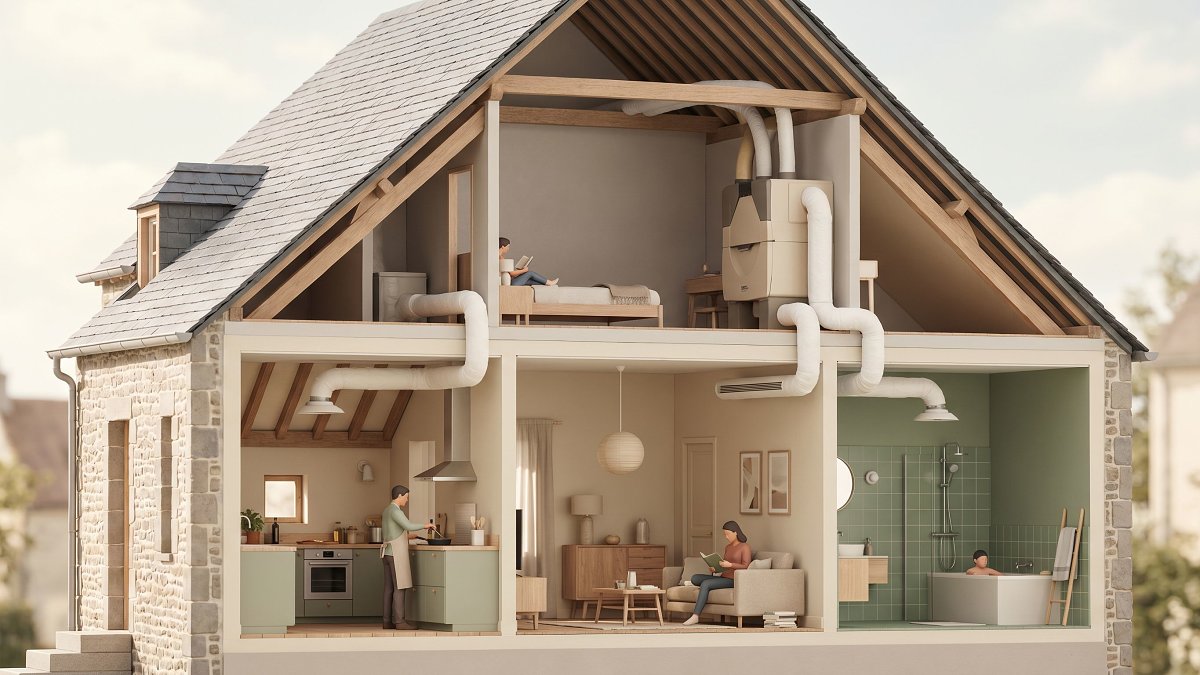 Schéma d'une maison individuelle en coupe avec extraction d'air en cuisine et salle de bains, entrées d'air neuf en pièces de vie, et caisson VMC en combles