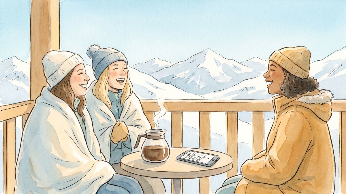 Three friends laughing on a sunlit Airbnb balcony with mountain views and a phone displaying a simple expense ledger