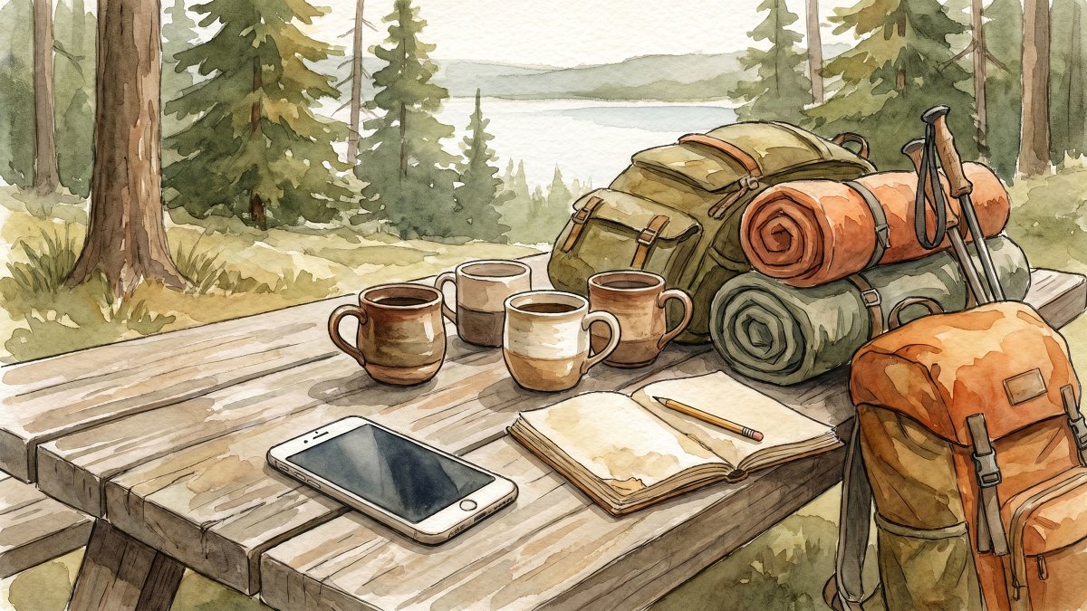A smartphone on a wooden picnic table next to coffee mugs, a notebook, and packed hiking gear in soft daylight