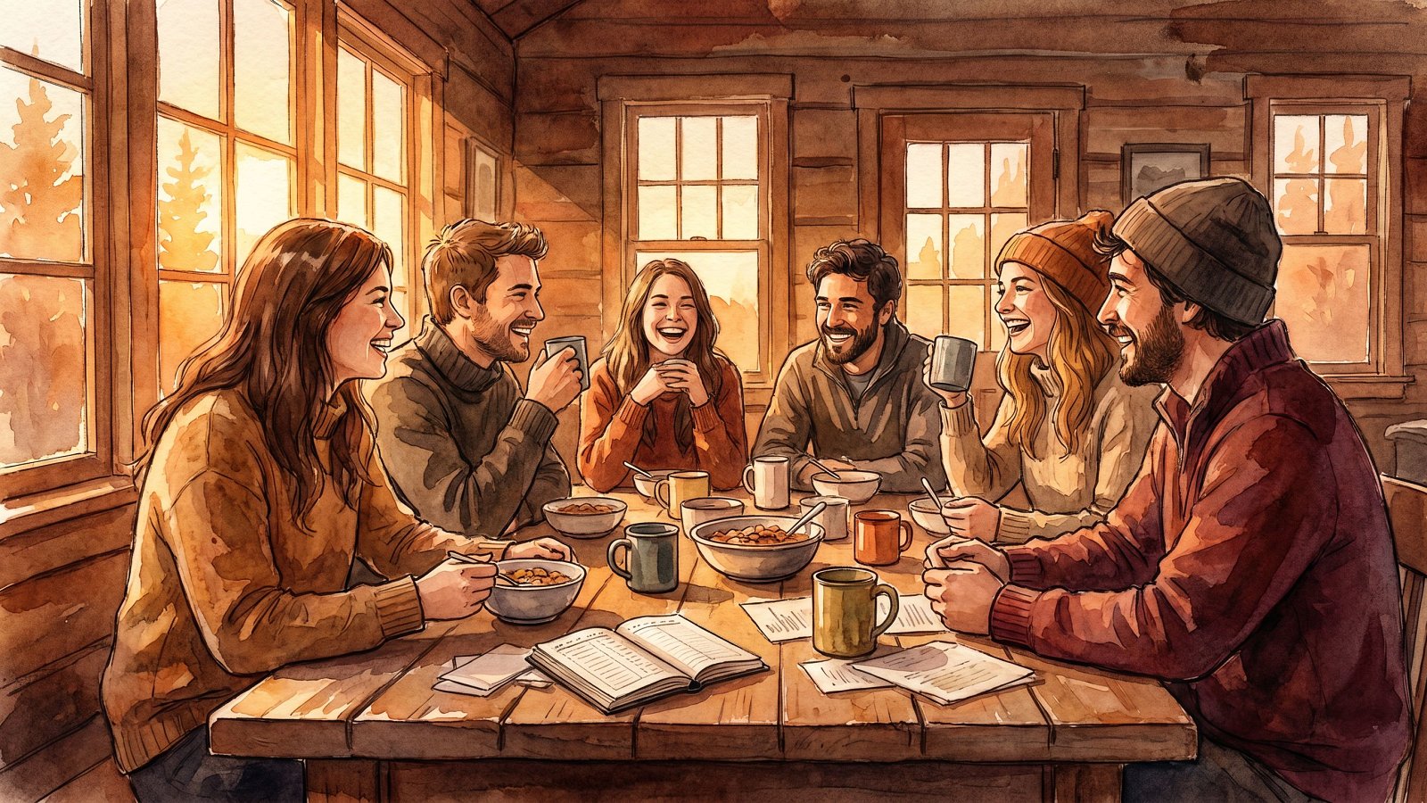 Six friends gathered around a wooden cabin dining table at golden hour, sharing a meal and tracking group trip expenses