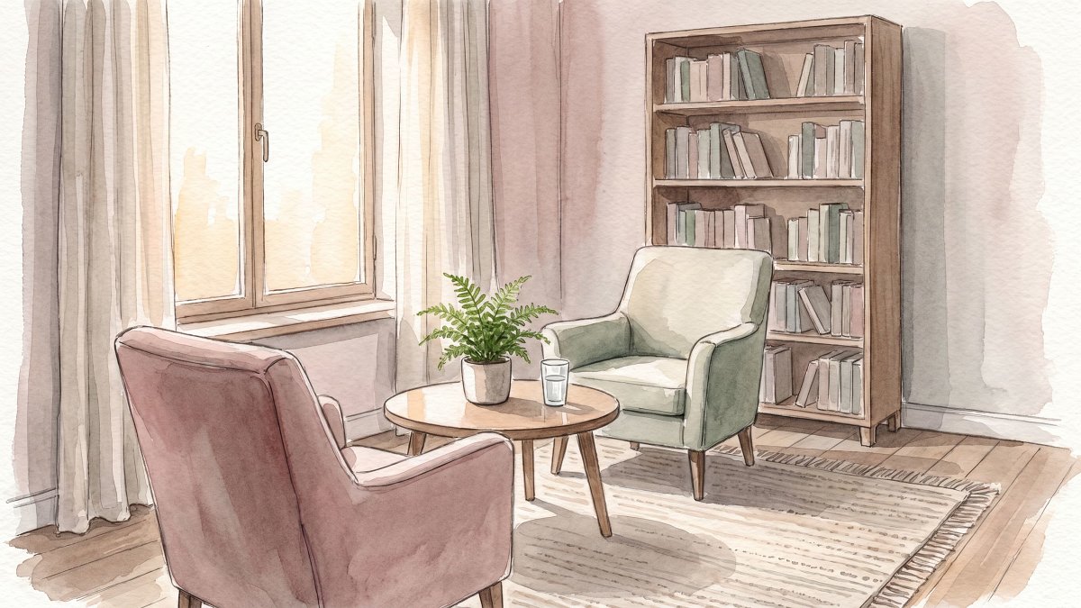Cabinet de psychologue accueillant, fauteuils et lumière douce, illustration aquarelle