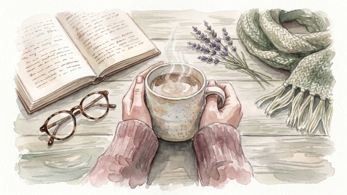 Mains posées autour d'une tasse fumante, scène d'auto-soin en aquarelle