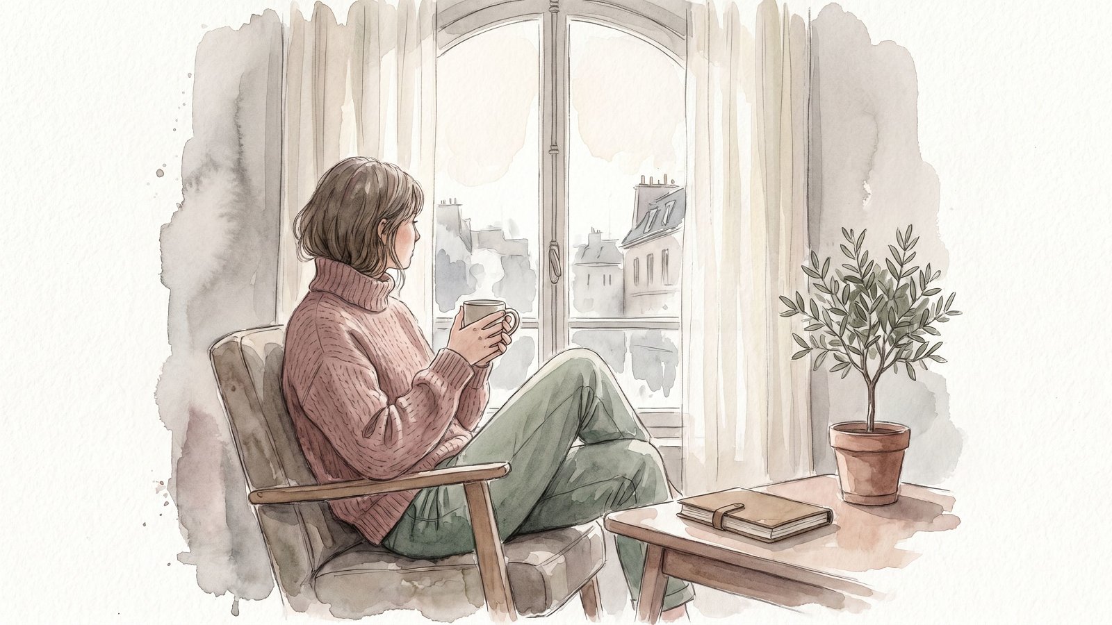 Personne lisant à la fenêtre dans une lumière douce, illustration aquarelle apaisante
