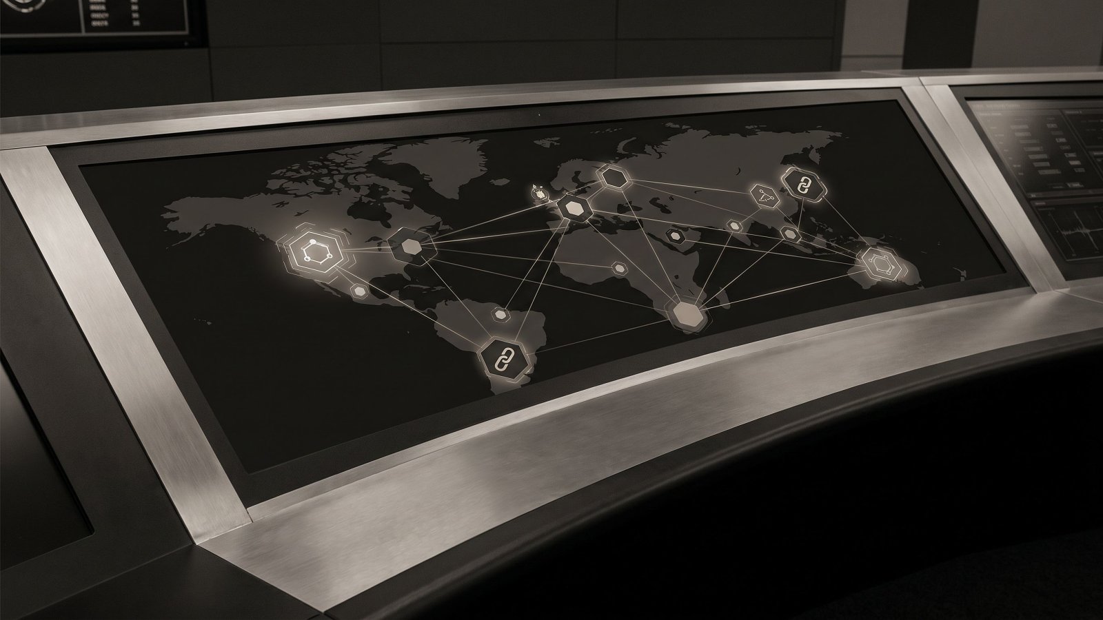 Panoramic operator dashboard illustrating crypto and blockchain engineering across global payment rails