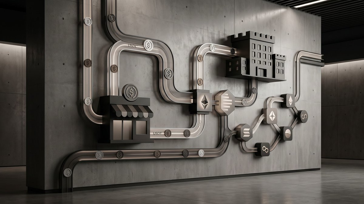 Stablecoin payment rails moving USDC and USDT through multi-chain settlement conduits