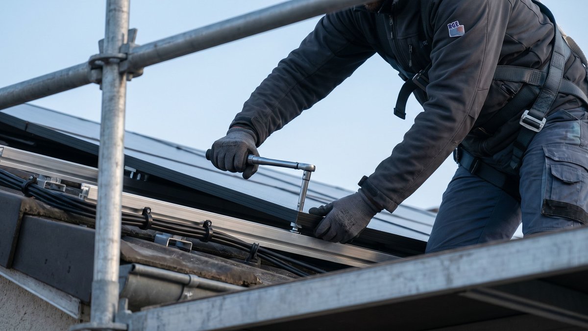 Artisan RGE installant un module photovoltaïque monocristallin sur une toiture résidentielle