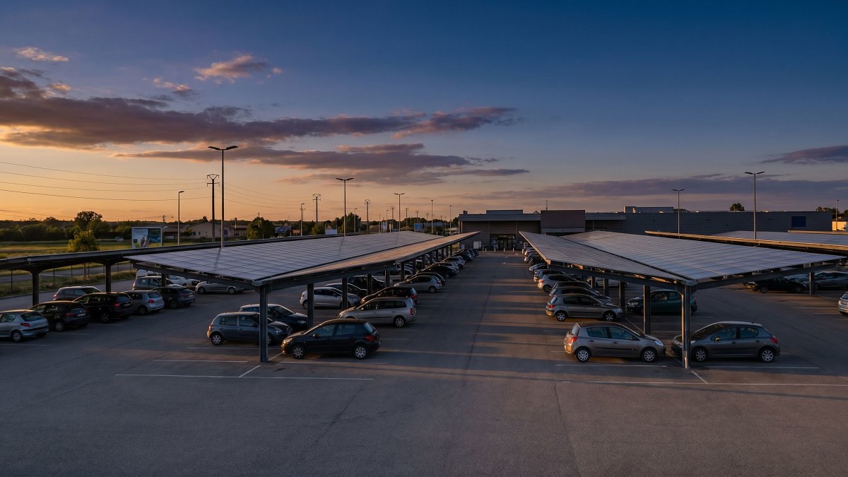 Ombrières photovoltaïques sur un parking de supermarché conformes à la loi APER
