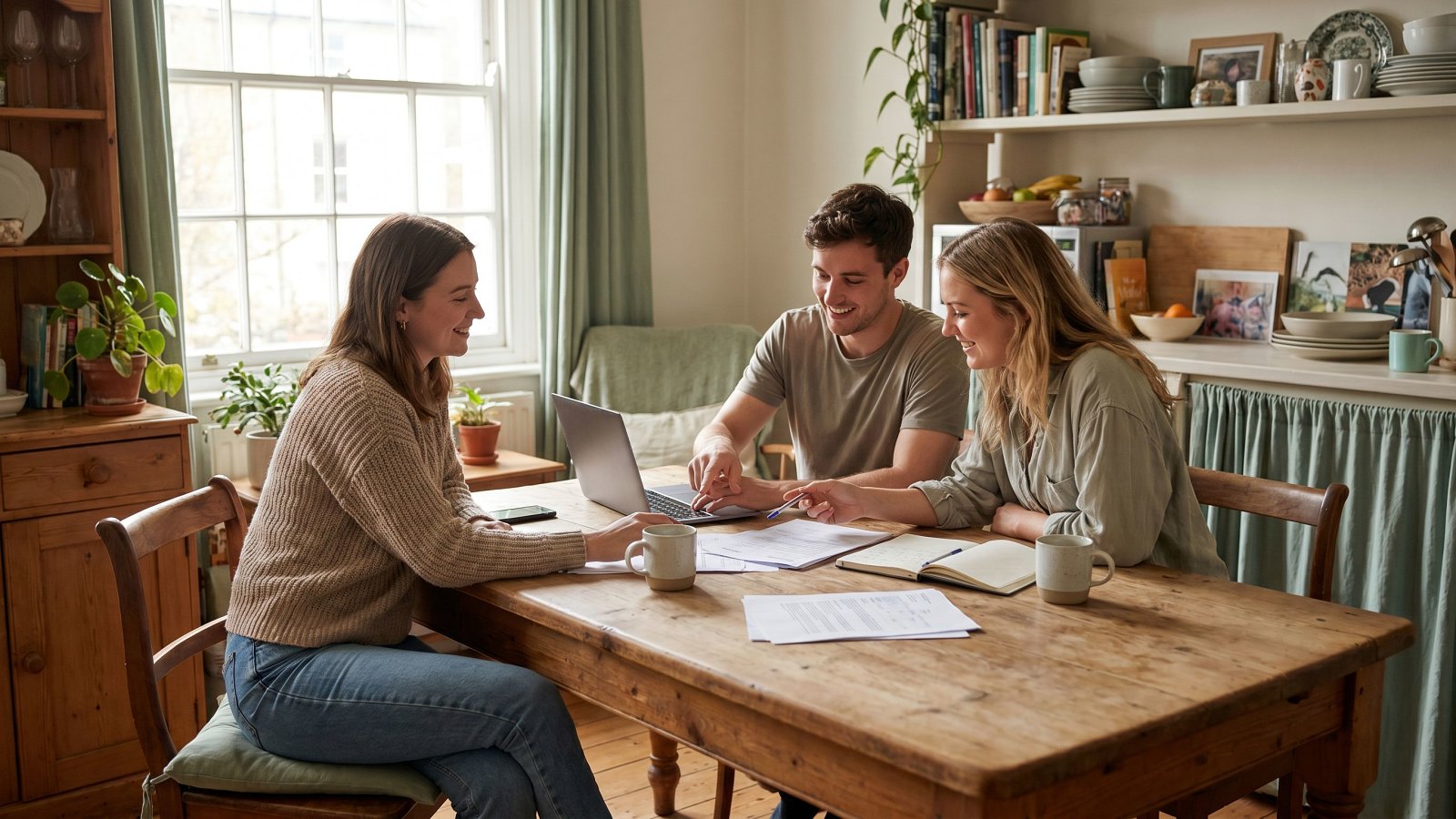 Three roommates around a kitchen table reviewing shared bills together